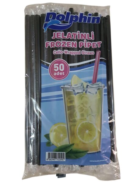 JELATİN SARGILI SİYAH DÜZ (KÖRÜKSÜZ) FROZEN PİPET 50 Lİ 23,5 CM BOY 7 MM ÇAP DOLPHİN & ROLL-UP