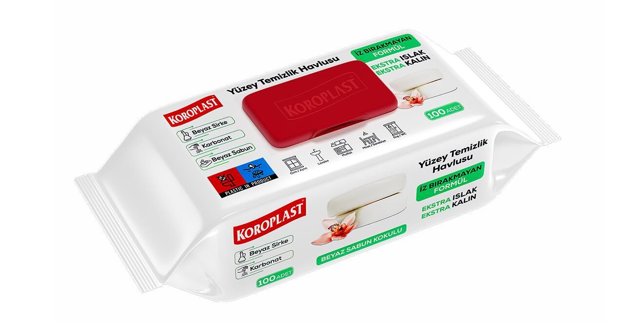 KOROPLAST YÜZEY TEMİZLİK HAVLUSU KAPAKLI 100 LÜ PAKET BEYAZ SABUN + BEYAZ SİRKE + KARBONAT