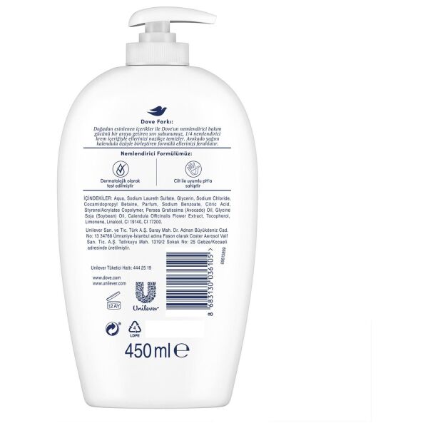 DOVE 450 ML AVAKADO YAĞI VE KALENDULA ÖZÜ NEMLENDİRİCİ SIVI SABUN