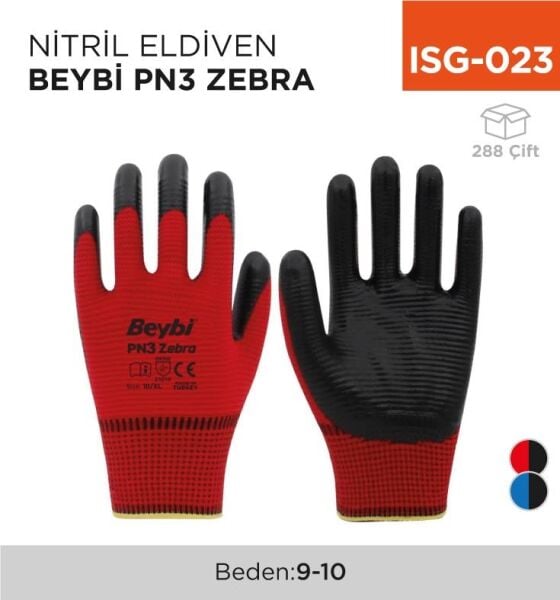 BEYBİ PN3 İŞÇİ ELDİVEN ZEBRA PN3 9 L & 10 XL  İŞÇİ ELDİVENİ KIRMIZI&MAVİ *SİYAH